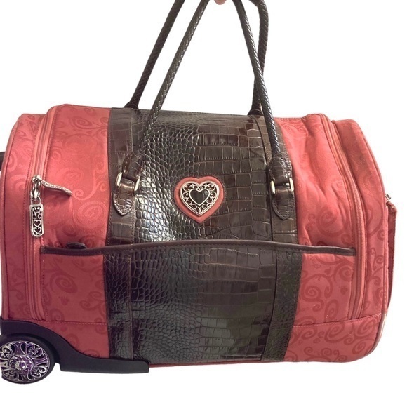 Brighton Rare Pink And Brown Embossed Leather Rolling Suitcase